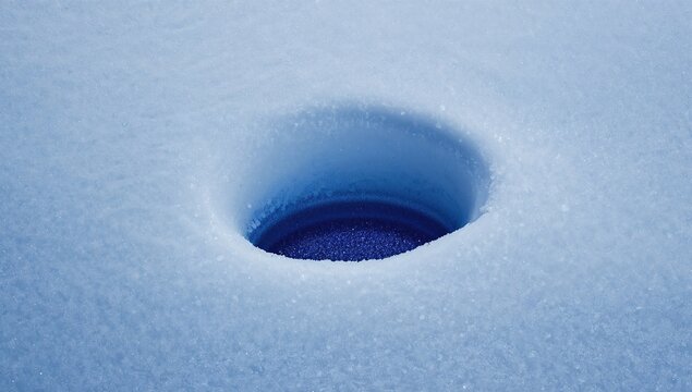 Close-up of a circular hole in pristine white snow, showcasing intricate ice crystals and deep blue shadow effects