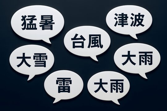 台風や猛暑や大雨などの気象警報ワードが吹き出しで示された防災と天候リスクを伝えるイメージ