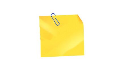 Blank yellow sticky note pad attached with blue paper clip symbol of office reminder, memo message, and task list isolated on transparent PNG background © Ayush