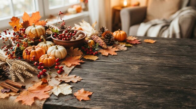 Beautiful Autumn Arrangement Featuring Colorful Leaves, Pumpkins, And Decorative Elements