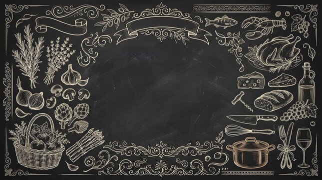 Decorative chalkboard menu background featuring hand drawn culinary illustrations of fresh food ingredients and elegant ornate floral frame design elements