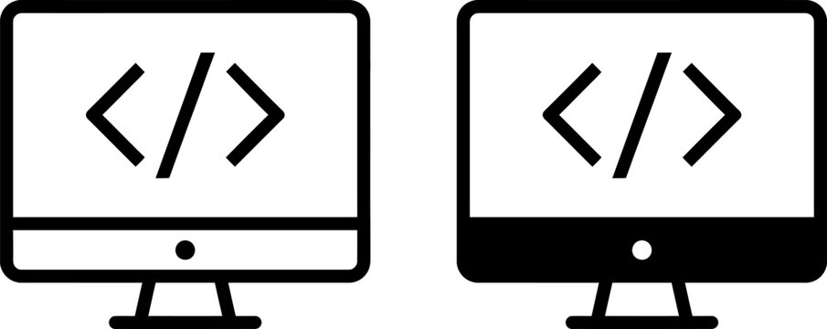 Computer monitor icons with coding brackets for software development and programming concepts