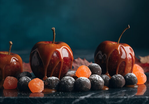 Glazed Candied Apples Surrounded By Sweets And Candies For Autumn Treats