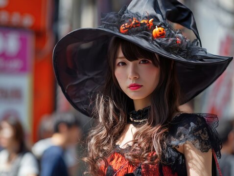 街中で魔女のコスプレ姿を披露するハロウィンイベントの女性ファッションシーン