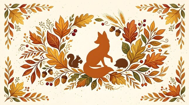 Elegant fox illustration surrounded by vibrant autumn foliage acorns and berries creating a beautiful seasonal frame design for harvest festival projects