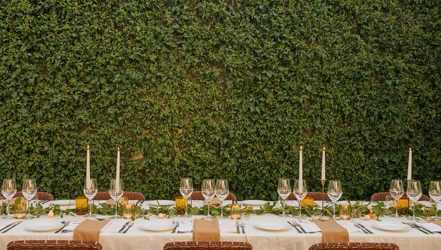 Elegant outdoor dining setup with neatly arranged plates and candles on a table against a lush green backdrop