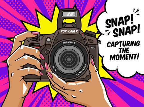 Pop Art DSLR Camera Illustration with Hands and Comic Speech Bubble