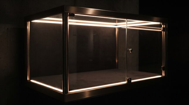 Modern illuminated glass display showcase with bright interior lighting for luxury product presentation
