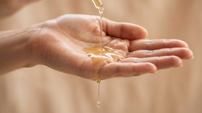 Golden Beauty Oil Flowing onto Palm