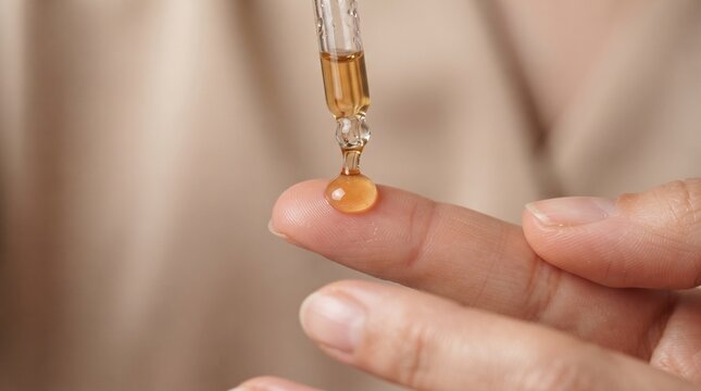 Golden Facial Serum Droplet on Fingertips