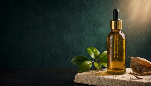Elegant Bottle Of Oil With Soft Lighting And Plant Details For Health And Beauty Imagery.