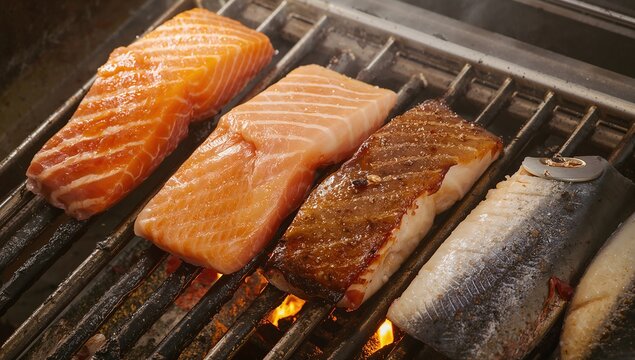 Grilled salmon fillets on a barbecue grill with smoke and charred edges, showcasing appetizing textures