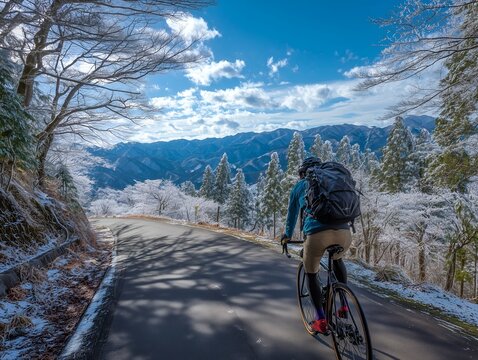 雪景色の山道をロードバイクで走るサイクリストの冬の絶景ライド