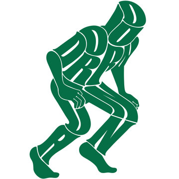 Typography silhouette of a crouching athlete formed from bold letters isolated on a white background