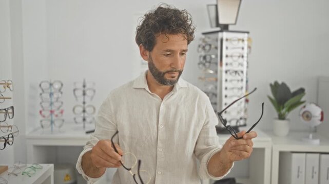 Man adjusts glasses with hand at an eyewear counter in an optical store, trying frames and testing fit amid display racks and a plant; comfort confidence.