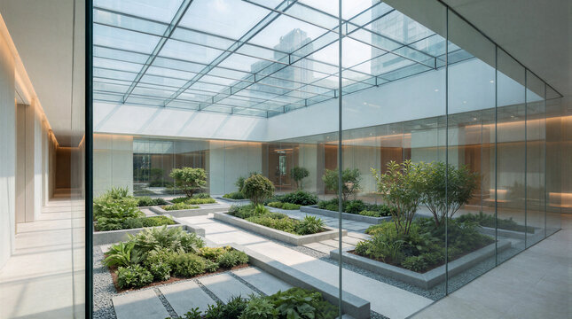 Minimalist indoor garden enclosed within a transparent glass atrium under a high modern roof structure