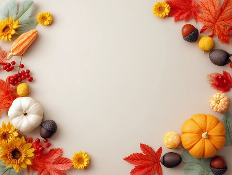 秋のカボチャや紅葉した葉に囲まれた余白のある装飾フレームデザイン