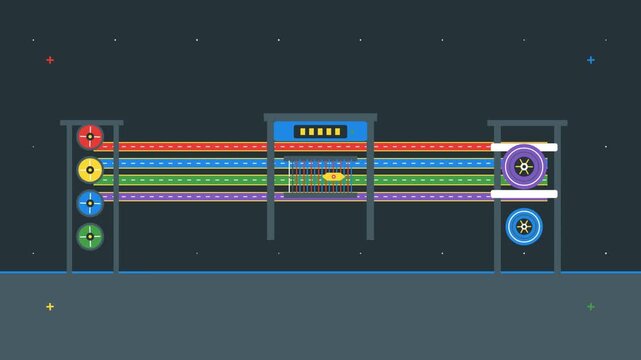 Abstract Animation of Multi-Colored Lanes Moving Through a Sorting Mechanism