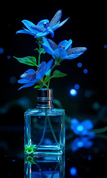 Perfume bottle dragonfly bioluminescent blue flowers and metallic insects resting on glass over a dark reflective surface