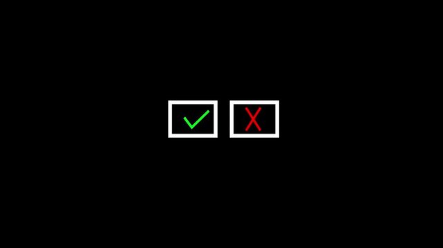 Animated check and cross icons representing approval, rejection, correct or wrong options. Perfect for UI design, app interfaces, notifications, business presentations,4k motion graphics animation.