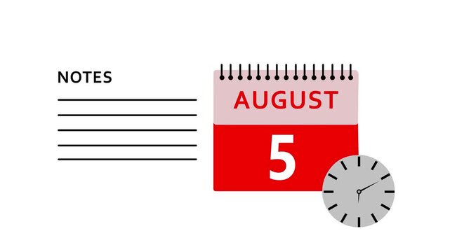 5 August Calendar Reminder with Notes and Clock Icon for Schedule Planning, Appointment Management and Time Organization,on Motion Graphics Animation.