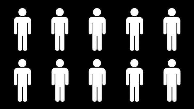 sequential stickman people appearing one by one on black screen, human figure population animation for chroma key motion graphics animation.