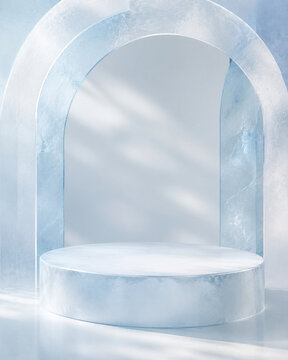 Icy Blue Translucent Product Podium with Winter Light，冬の光を生かした淡い水色の半透明商品台
