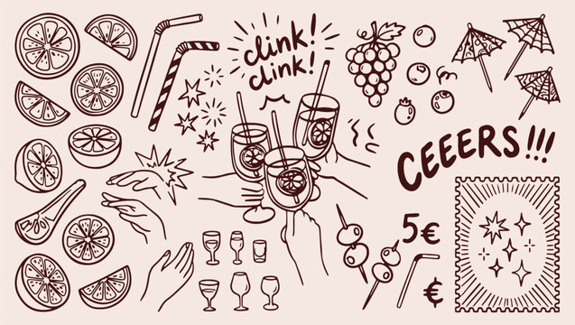 party cocktail celebration toast doodle, clinking glasses cheers line art wallpaper, festive drinks and grapes seamless background, joyful night out hand drawn sketches, bar cocktail party outline ico