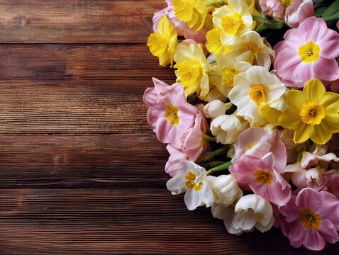 木目の背景にチューリップとスイセンが彩る春の花束イメージ