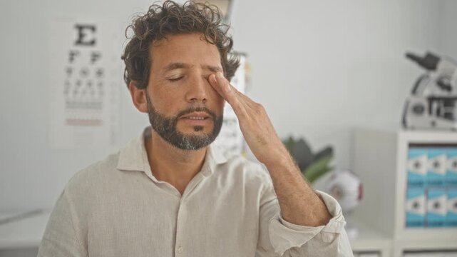 Man rubbing left eye with hand while seated in a clinic building beside eye chart and exam equipment; vision strain discomfort.