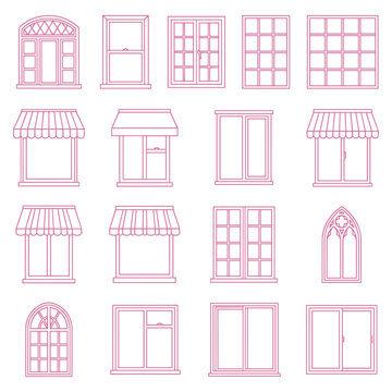 Pink line art collection of window frames and storefront windows for retail design.