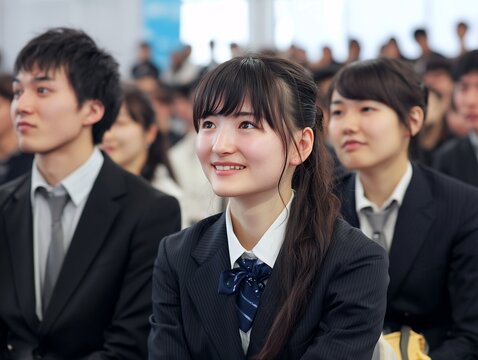 入社式の会場で前を見つめながら期待に胸を膨らませる新入社員女性の表情