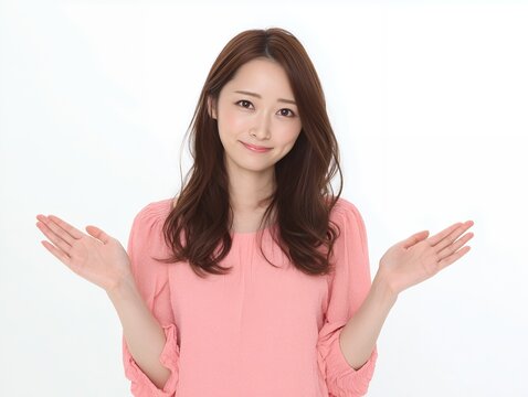 両手を広げて困った様子を見せるピンクの服を着た女性の表情イメージ