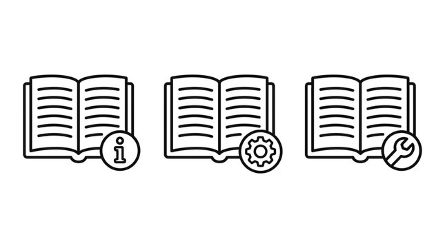 Minimalist vector graphic set featuring open book icons with information, gear, and wrench symbols for modern user interface design elements