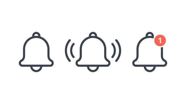 Notification bell set featuring simple line art vector design elements for digital application user interface systems with red alert badge