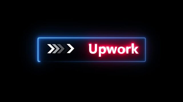 Neon Upwork button animation on black background with glowing arrows pointing right, freelance platform icon. Motion Graphic .