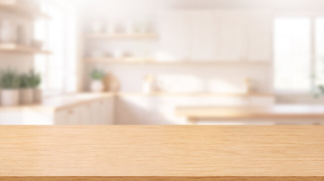 Light Wooden Tabletop with Bright Blurred Modern Kitchen Background and Copy Space for Product Display