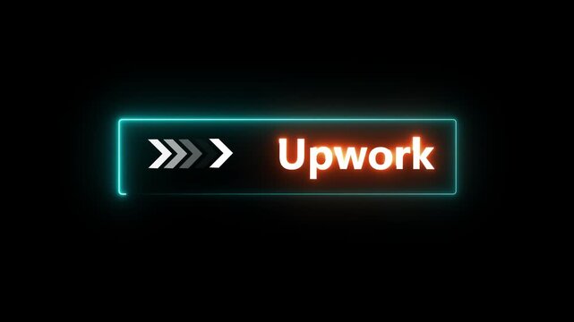 Neon Upwork button animation on black background with glowing arrows pointing right, freelance platform icon. Motion Graphic .