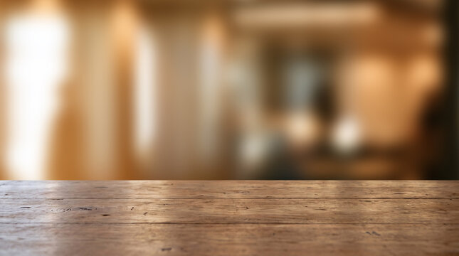 Rustic Wooden Tabletop with Warm Blurred Interior Background and Copy Space for Product Display