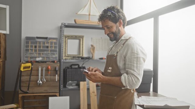 Man carpenter in apron tapping smartphone with hands and smiling amid woodworking tools and lumber in studio; craft pride.