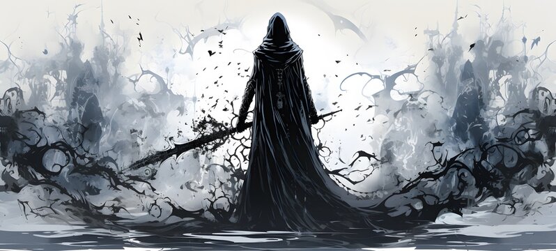 art of necromancer a black and white high contrast full body,generative AI