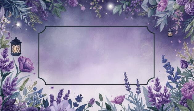 Lavender floral watercolor background with empty frame and hanging lantern watercolor flowers purple flowers floral border spring background summer background lavender watercolor template