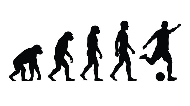 Evolution of man vector illustration showing human development from prehistoric primates to modern soccer playing athlete