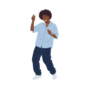 Flat vector illustration of a happy young Black man with afro hair dancing in a casual blue shirt