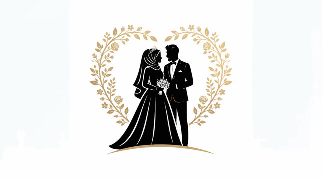 Islamic wedding vector logo silhouette with bride and groom floral frame design by alevidhanu