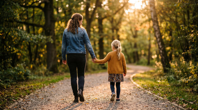 Woman and girl holding hands while walking on a forest path  