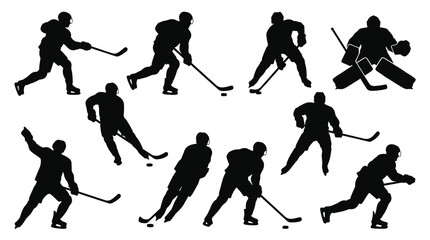Fototapeta premium Multiple ice hockey players performing athletic skating and shooting moves in this professional vector graphic illustration