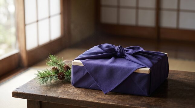 Purple furoshiki wrapped gift with pine sprig japanese oseibo year end gift photo with copy space