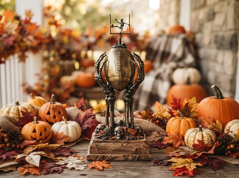 Spooky football goalpost trophy featuring skeleton kicker and bronze ball on rustic wooden table with carved jack o lanterns.