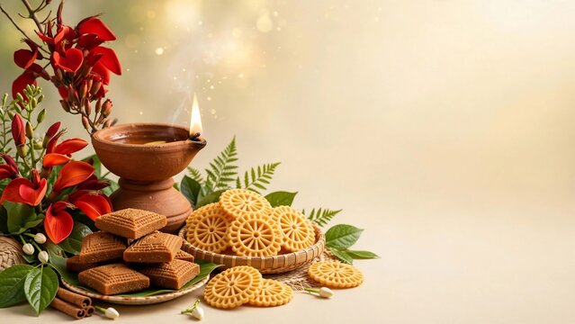 Sinhala and Tamil New Year Background with Traditional Oil Lamp, Festive Sweets and Floral Decoration